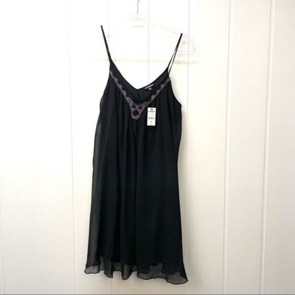 Express Mini Swing Dress Black Size Medium Beaded Y2K Fairy NEW